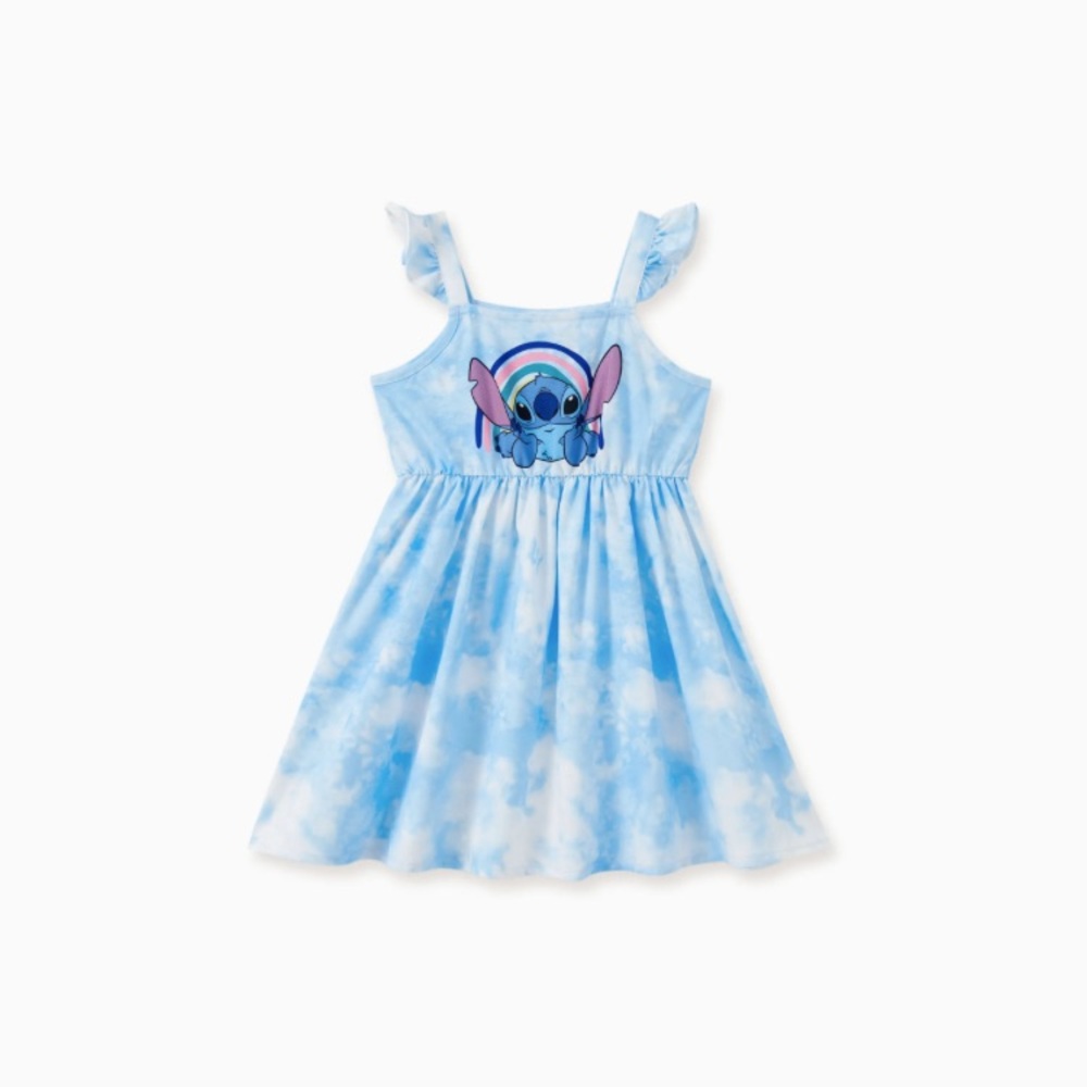 Disney Stitch Cami Girl Dress Hawaiin Summer Casual Sky Blue Tie-Dye Sundress